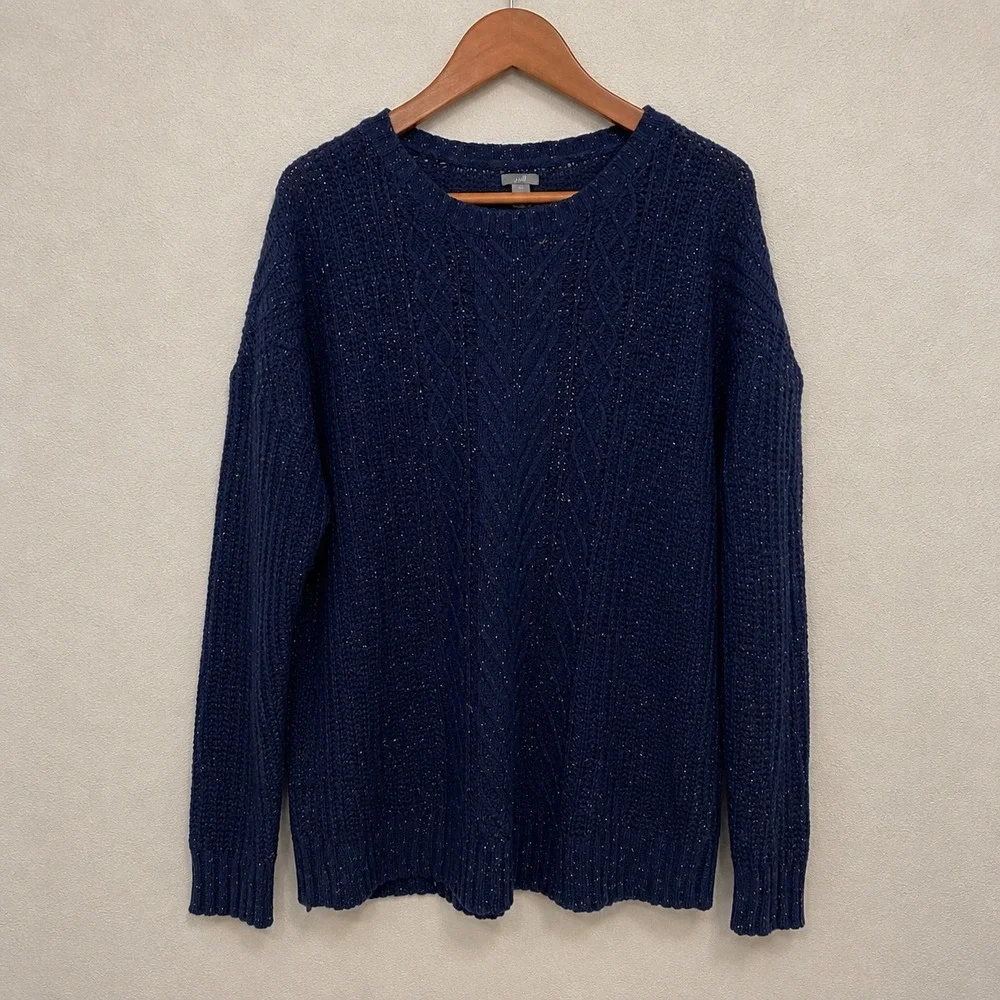 Aerie Navy Blue Confetti Cable Knit Sweater Womens Medium Crewneck Wool Blend